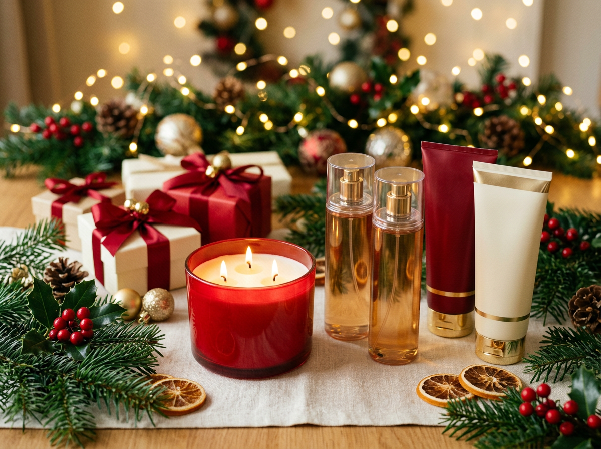 Holiday candle, fragrance mists and body creams arranged with pine branches, berries and wrapped gifts